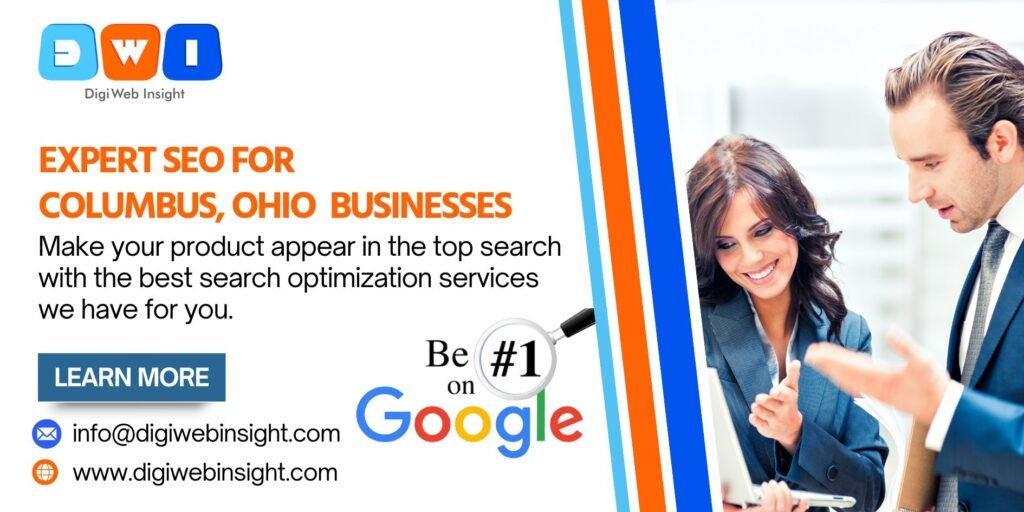 DigiWeb Insight banner promoting expert SEO services for Columbus, Ohio businesses, featuring two professionals and the company's contact details.