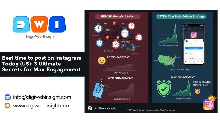 An infographic illustrating the "Best time to post on Instagram Today (US)," comparing a "Before" state of generic advice with tangled clock icons over a US map showing low engagement, against an "After" state using Instagram Insights on a smartphone showing personalized "Most Active Times" and "Top Locations" leading to maximum engagement.