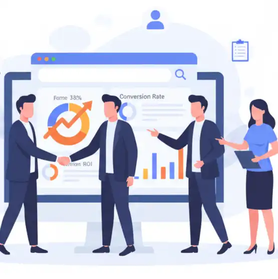 Illustration of a business team collaborating, shaking hands in front of a digital dashboard displaying growth charts and data, symbolizing Google Ads agency partnership and expertise.