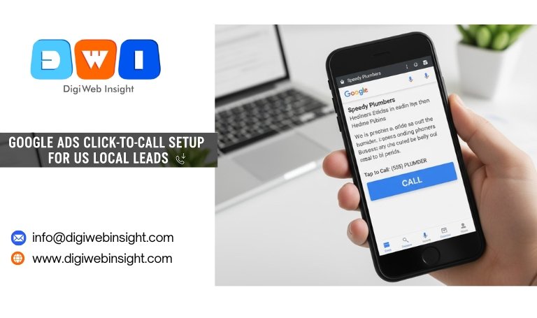 A hand holding a smartphone displaying a Google search results page with a Google Ad for "Speedy Plumbers" prominently featuring a large "CALL" button. The ad shows a phone number and relevant service information. The title "Google Ads Click-to-Call Setup for US Local Leads" is overlaid, with a phone icon.