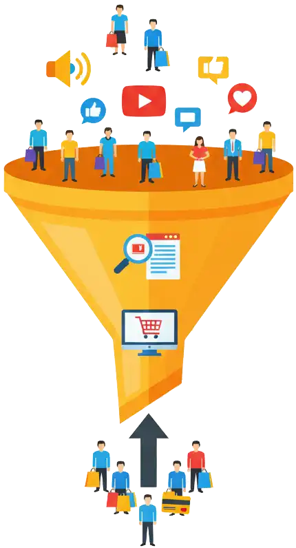 A vector illustration of a sales funnel showing different customer stages, representing sales funnel alignment for Google Ads campaigns.