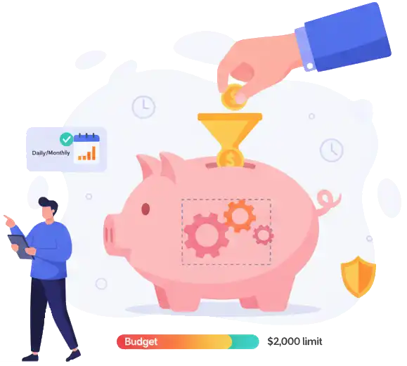A vector illustration of a person managing a digital budget on a computer, with coin and calculator icons, representing total budget control.