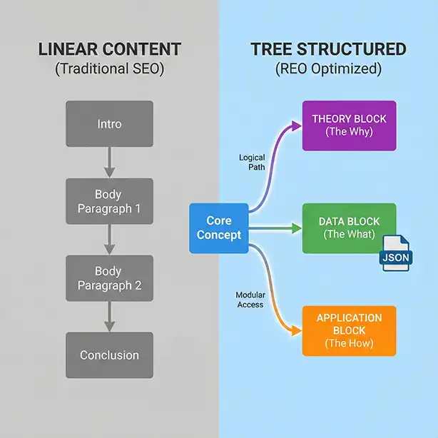 A minimalist decision tree diagram illustrating the Chain of Thought logic process used in Reasoning Engine Optimization.